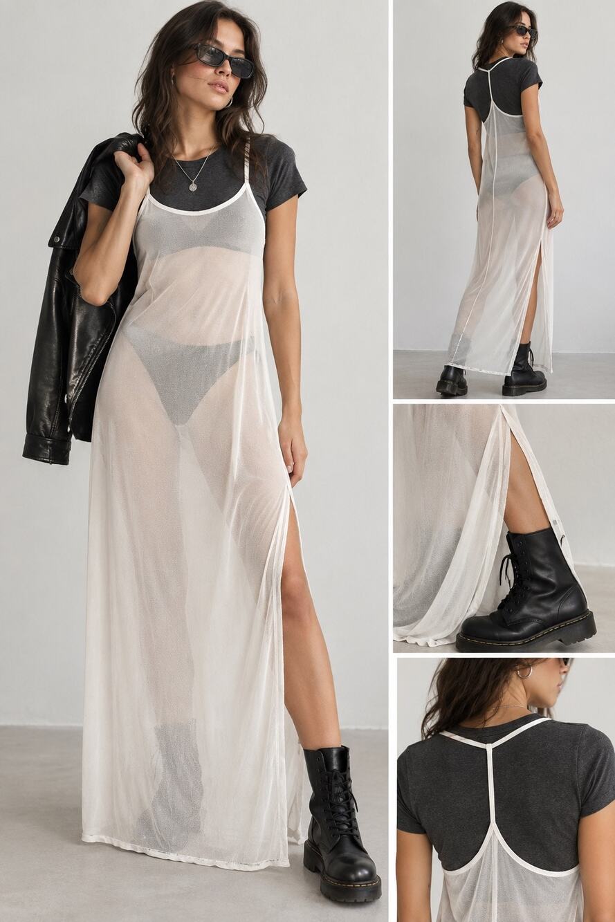 Tic Toc White Sheer Mesh Maxi Slip Dress M Minimalist Bodycon Fairy Cottage